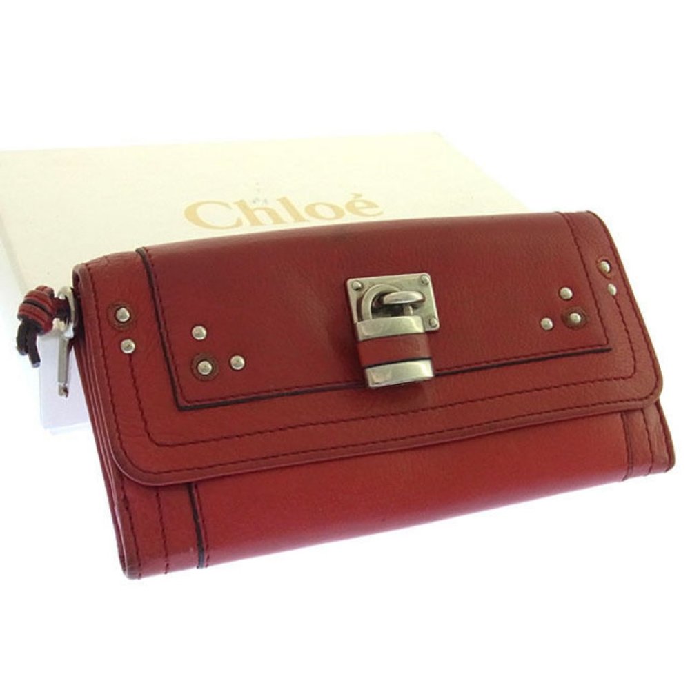 AUTH Chloe Wallet Purse Long Wallet Logo Red Silver Woman